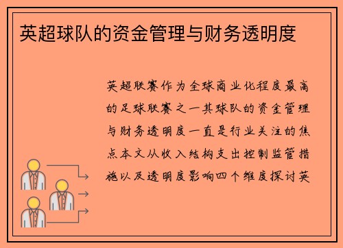 英超球队的资金管理与财务透明度