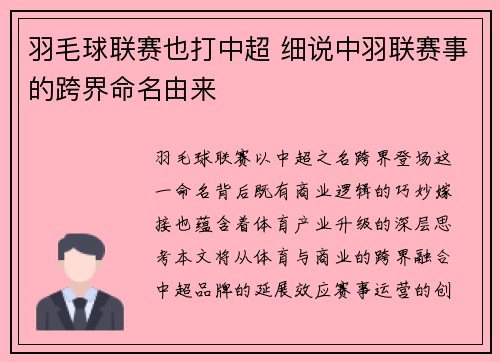 羽毛球联赛也打中超 细说中羽联赛事的跨界命名由来