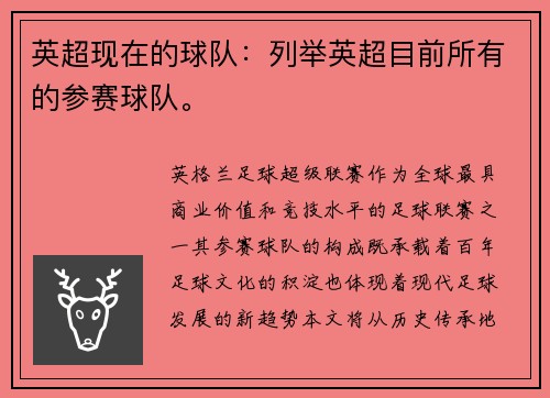 英超现在的球队：列举英超目前所有的参赛球队。